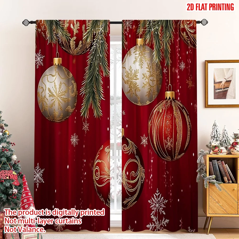2pcs 2D flat printing Merry Christmas Party Curtains Red and Gold Orbs Polyester Without Electricity Party & Holiday Decor Use