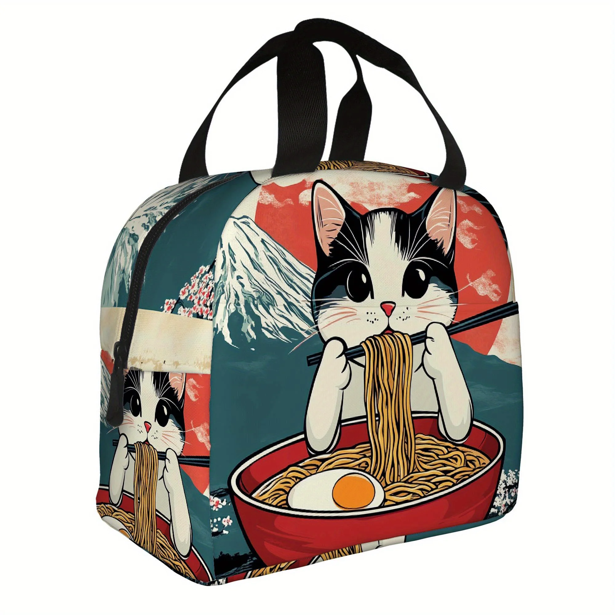 Cat Eating Ramen Noodles with Chopsticks Printed Thermal Lunch Bag Suitable for Home Restaurant Office Unisex