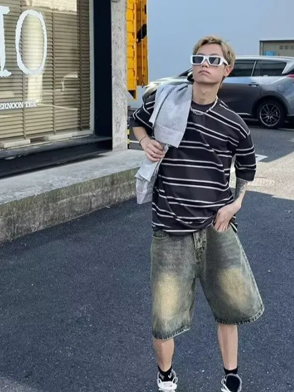 Retro American Waed Denim orts Heren Zomer Dunne losse rechte pijpen Casual vijfkwart trendy jeans midden taille Hoge taille