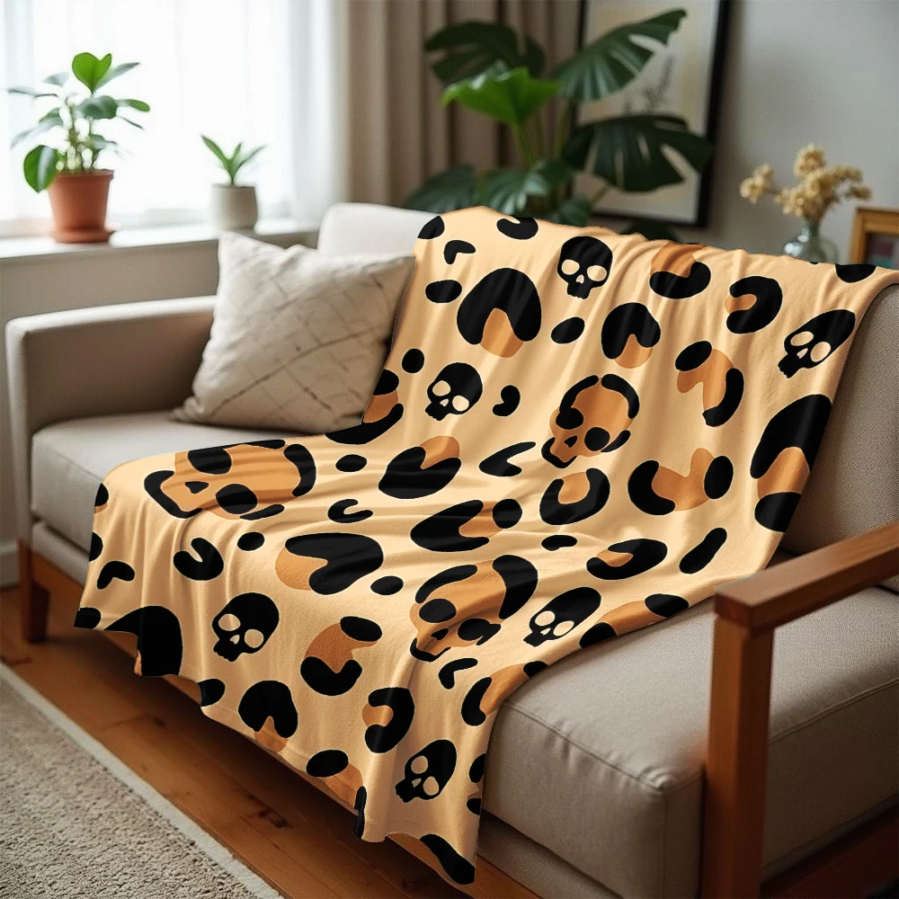 Leopard Skull Cartoon Anime Print Flannel Blanket Soft Warm Throw for Kids Bedroom Sofa Christmas Office Car