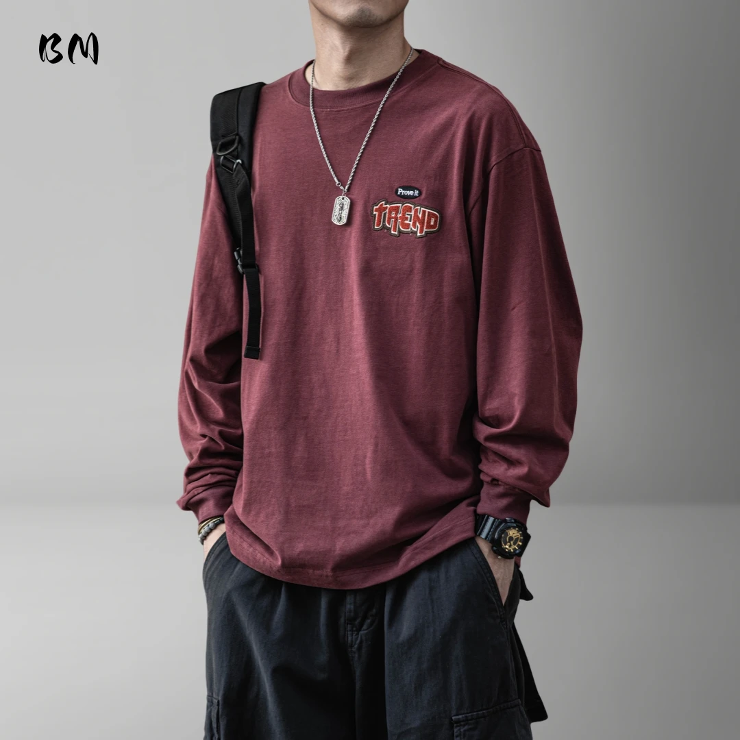Mens Korean Streetwear Cotton T-Shirt Long Sleeve Pullover Loose Fit Casual Sweatshirt Trendy High Quality Patch Embroidery Tops
