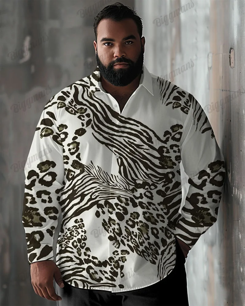Men's Plus Size Long Sleeve Button-Up Shirt, Allover Animal Print with Leopard and Stripe Options for Casual Vacation Wear