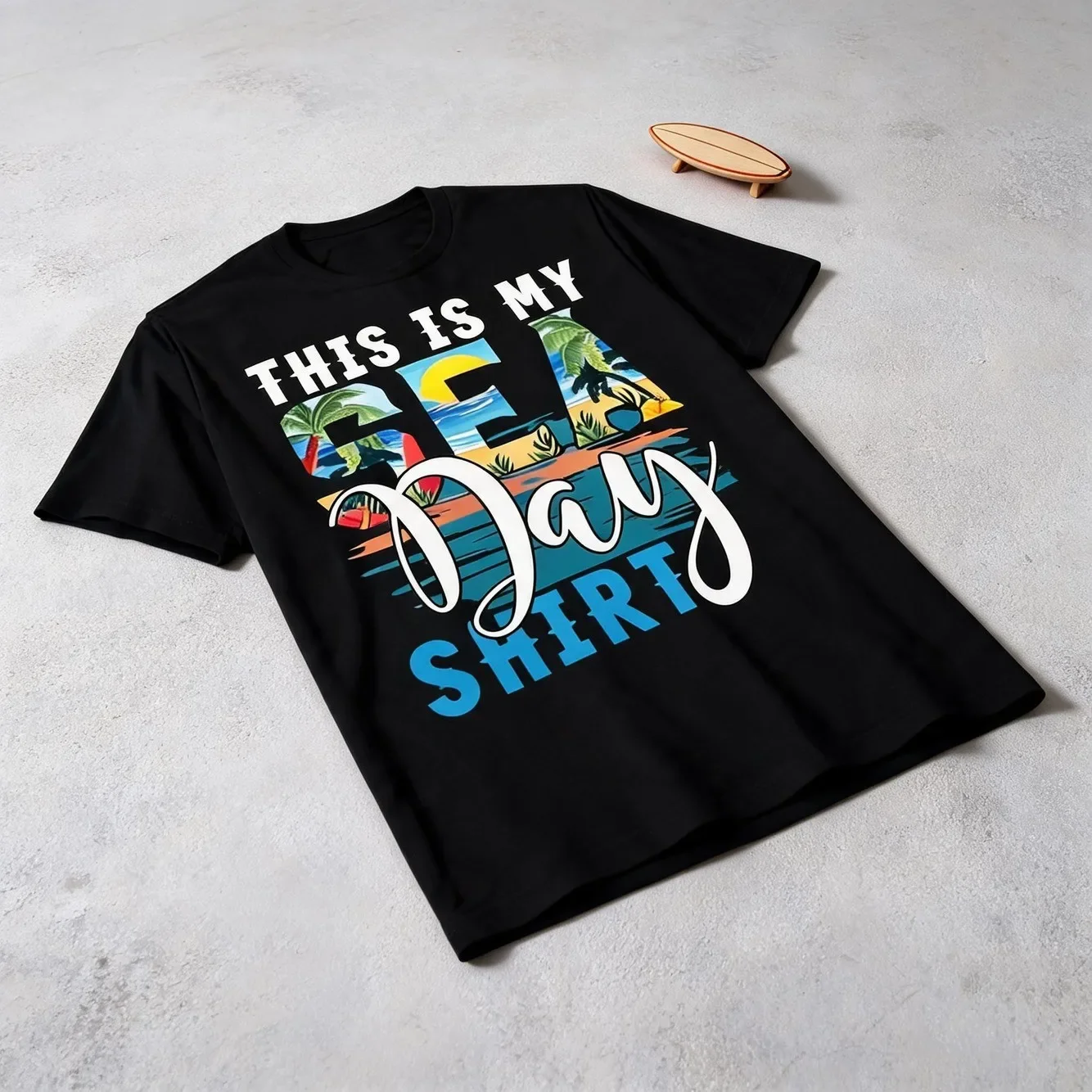Ocean Graphic T Shirt Soft Breathable Cotton Crew Neck Tee For Men For Beach Summer And Casual Wear Ocean Scene Design With Palm Trees Sailboat