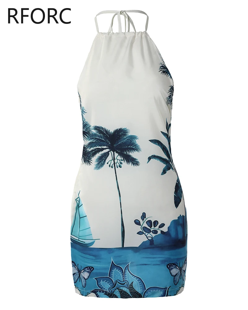 2024 Women Chic Scenery Print Halter Sleeveless Vacation Mini Dress