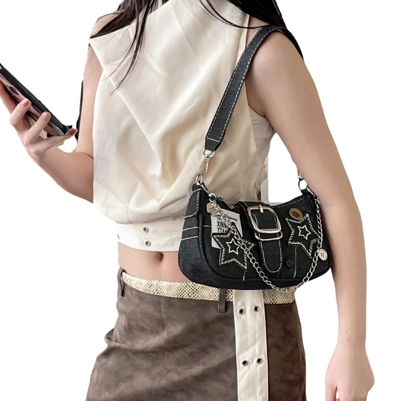 Women Chain Handbag Girls Hobo Bag Button Star Armpit Bag Denims Shoulder Bag