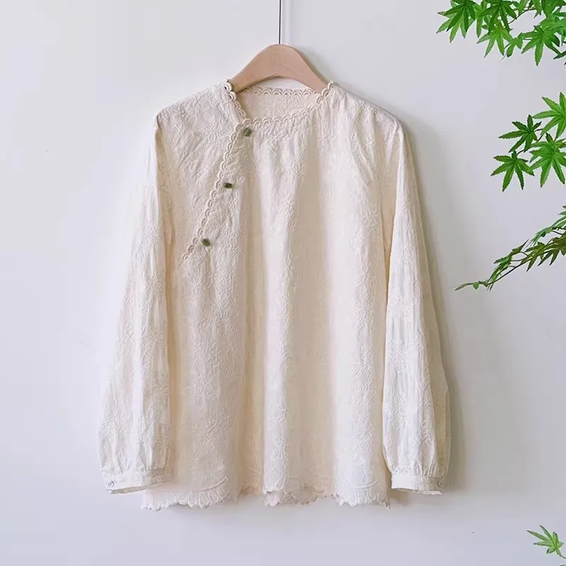 

Elegant Embroidered Cotton Lace Versatile Long Sleeve Shirt Base Layer Top Spring 2026 New Arrival Casual Style Women's Shirt