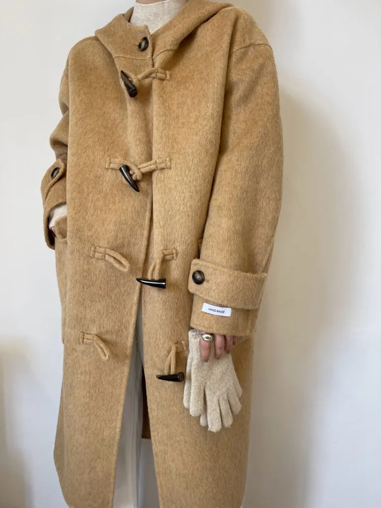 Winter Women Fashion Mid Length Turn Down Collar Woolen Coat Warm Long Loose Single Breasted Hooded Solid Color Lady Outerwear