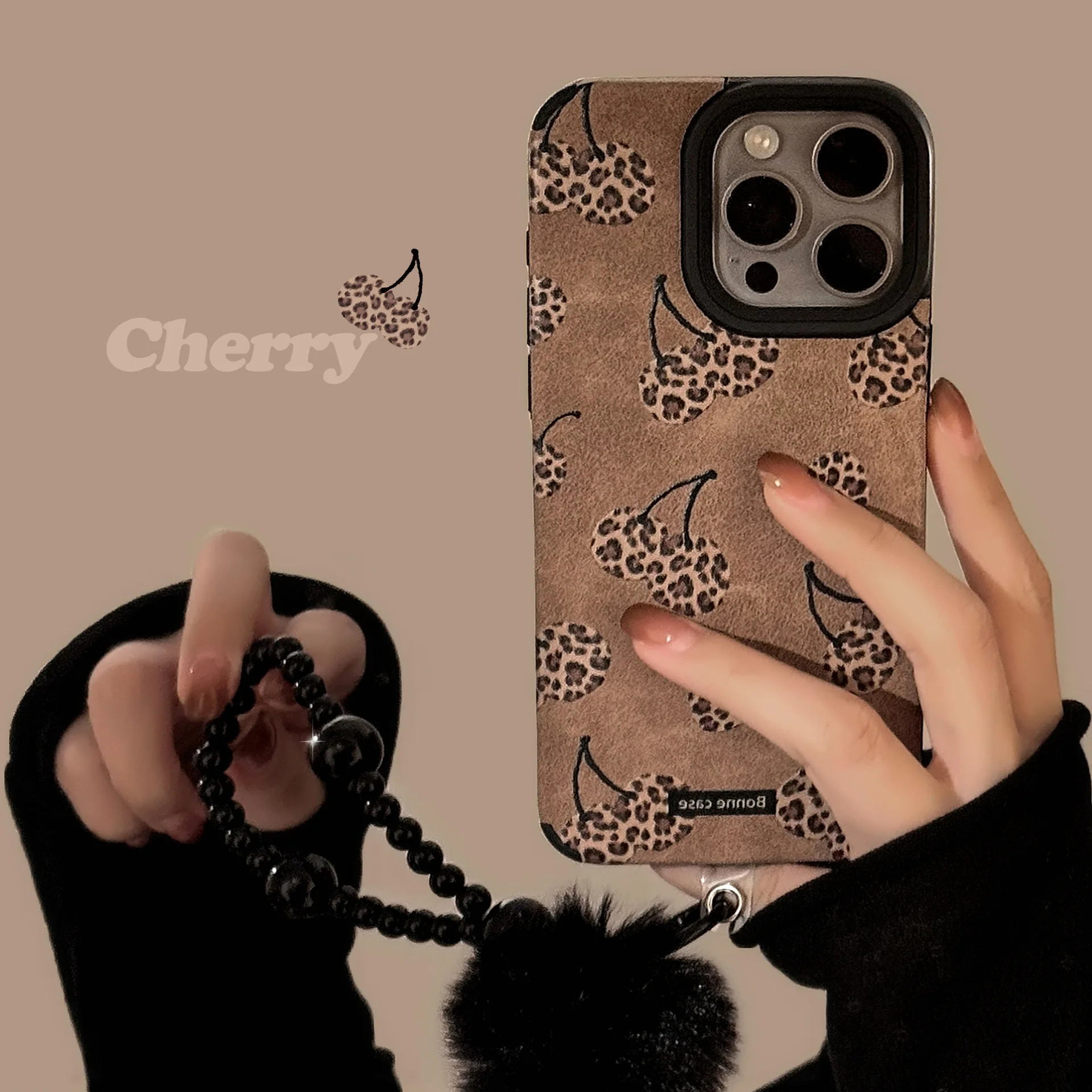 Luxury Cherry Leopard Print Leather Texture Phone Case For iPhone Air 11 12 13 14 15 16 17 Pro Max With Strap Shockproof Cover