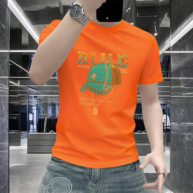 Popular Street Brand Men Ice Silk T Shirt Bling Rhinestone Cap Print Tees Slim Round Neck Daily Sport Leisure Short Sleeve Tops