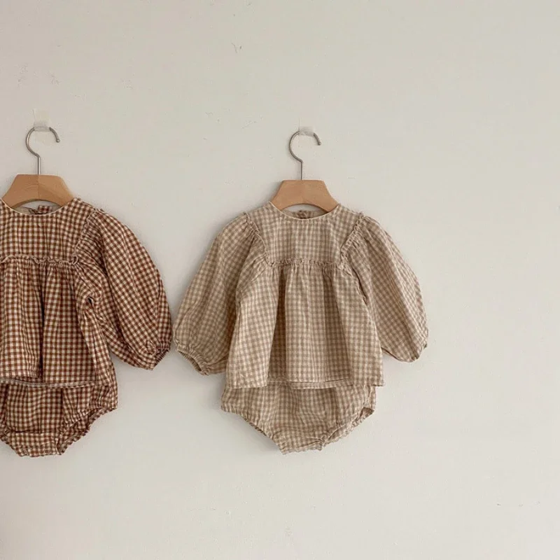 Infant Toddler Baby Girls Set 100% Cotton Plaid Blouse and PP Shorts Sets for Kids Infant Outfits