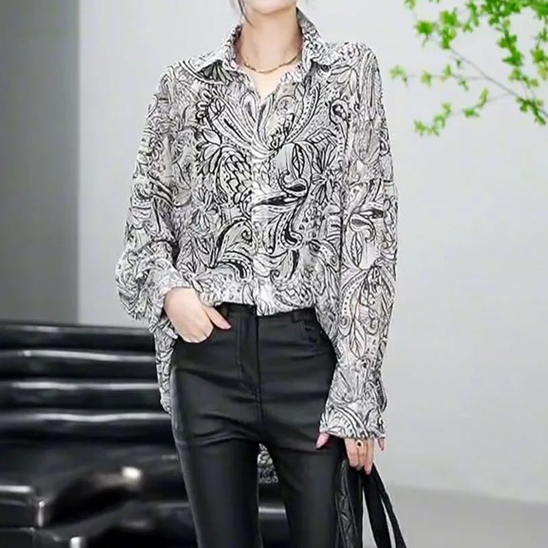 Korean Summer Clothes All-match Women's Printed Long Sleeve Shirt Casual Fashionable Loose Button Midi Blouse Shirts and Blouses