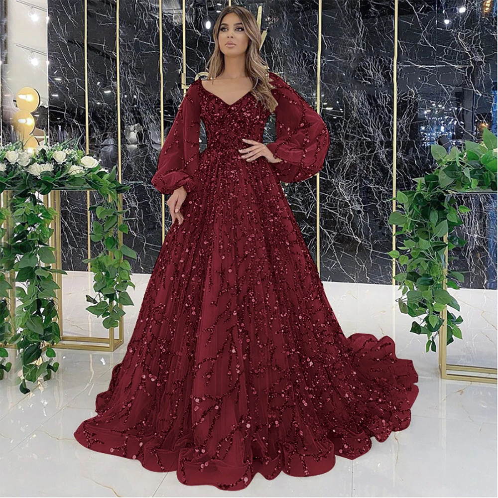 Women Luxurious Elegant Dress Solid Mesh Patchwork Puff Sleeve High Waist V-Neck Party Maxi Dress Lace Evening Prom Club Dresses