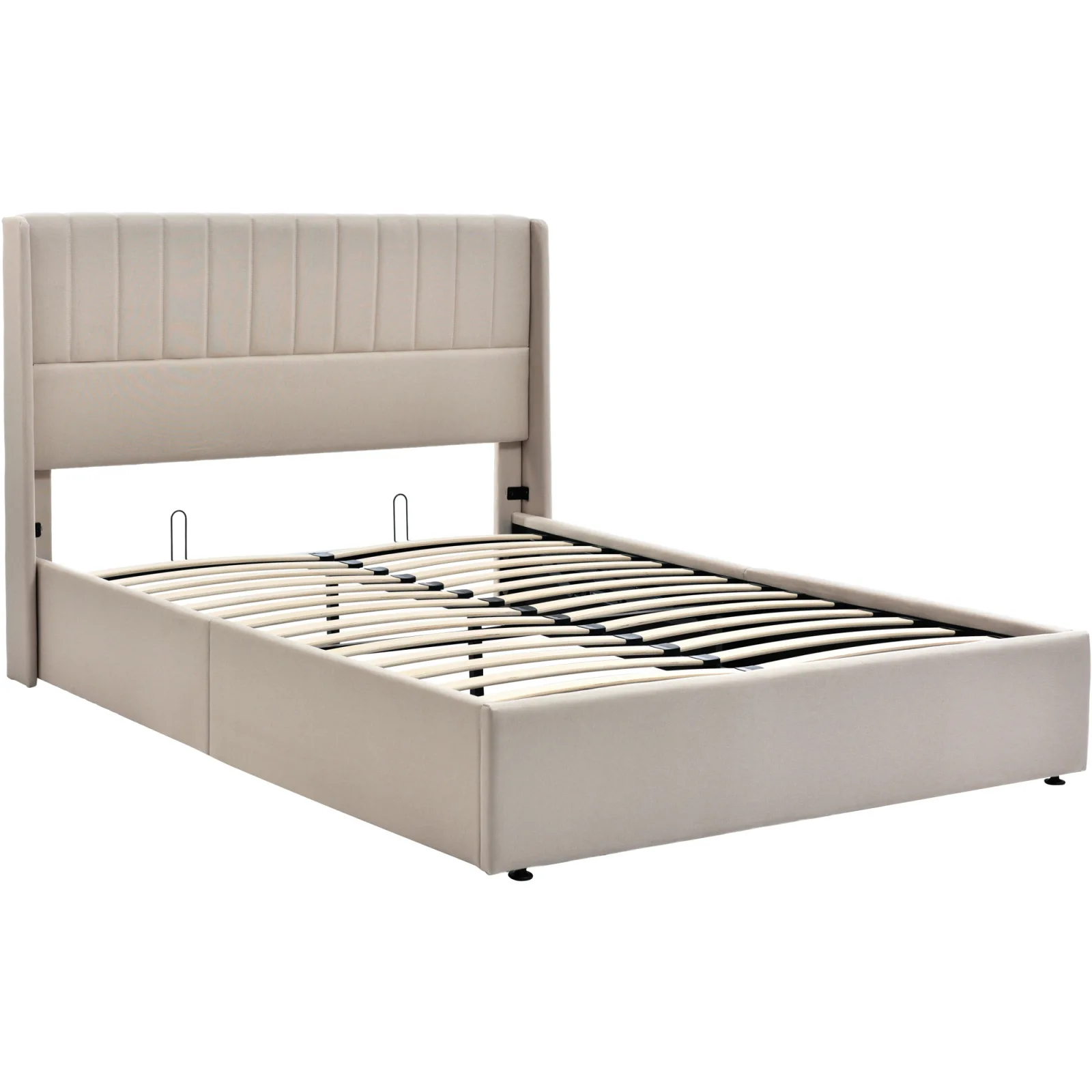 Superaly 160x200cm tweepersoonsbedframe, hydraulisch opklapbaar bed met opbergruimte onder het bed en lattenbodem, linnen, beige