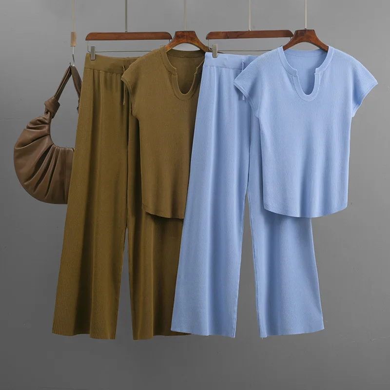 Neu im Sortiment: U-Ausschnitt Strick-Kurzarm-Set, Frühling-Sommer Slim-Fit Flügelärmel-Oberteil, Lässige Weite Hose, Zweiteiliges Set