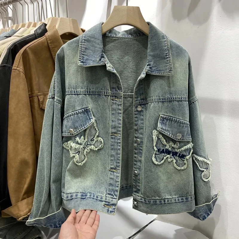 Chaquetas Butterfly Embroidered Denim Jacket Women Spring Autumn Long Sleeve Cotton Outerwear Button Female Casual Jeans Coat