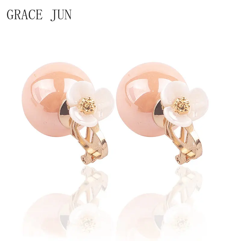 WENHQ Korean Style Sweet  Clip on Earrings Women\'s Fashion Pearl Shell Camellia Flower Cuff Earrings Hypoallergenic Ear Clip New