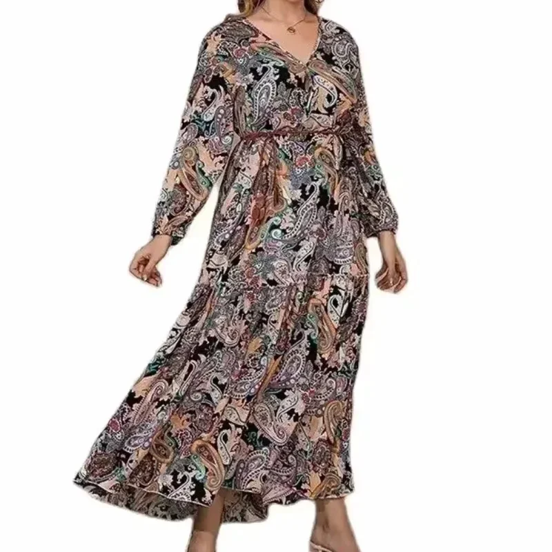 Nowa moda damska Plus Size Retro Paisley Oversized Dress Wiosna i lato Chubby Mm Luźna, przedłużona długa spódnica z długim rękawem