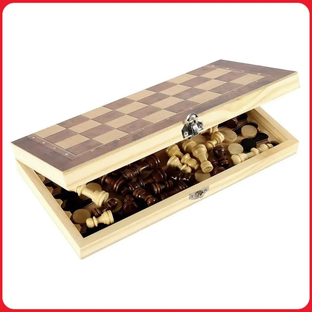 

3 in 1 Exquisite Chess Set Folding Storage Wooden Chess and Checkers Game Set Travel Chess Sets for Chess Board Game