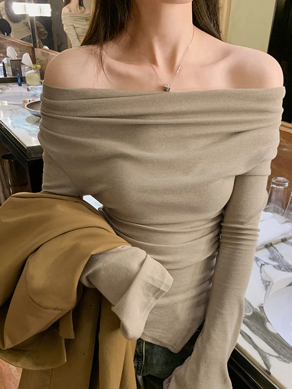 Ele Long Sve Base assimétrica irt Feminino Winter Faion Slim Fit oulder Baring T-shirt Versátil Commute Sle Kni...