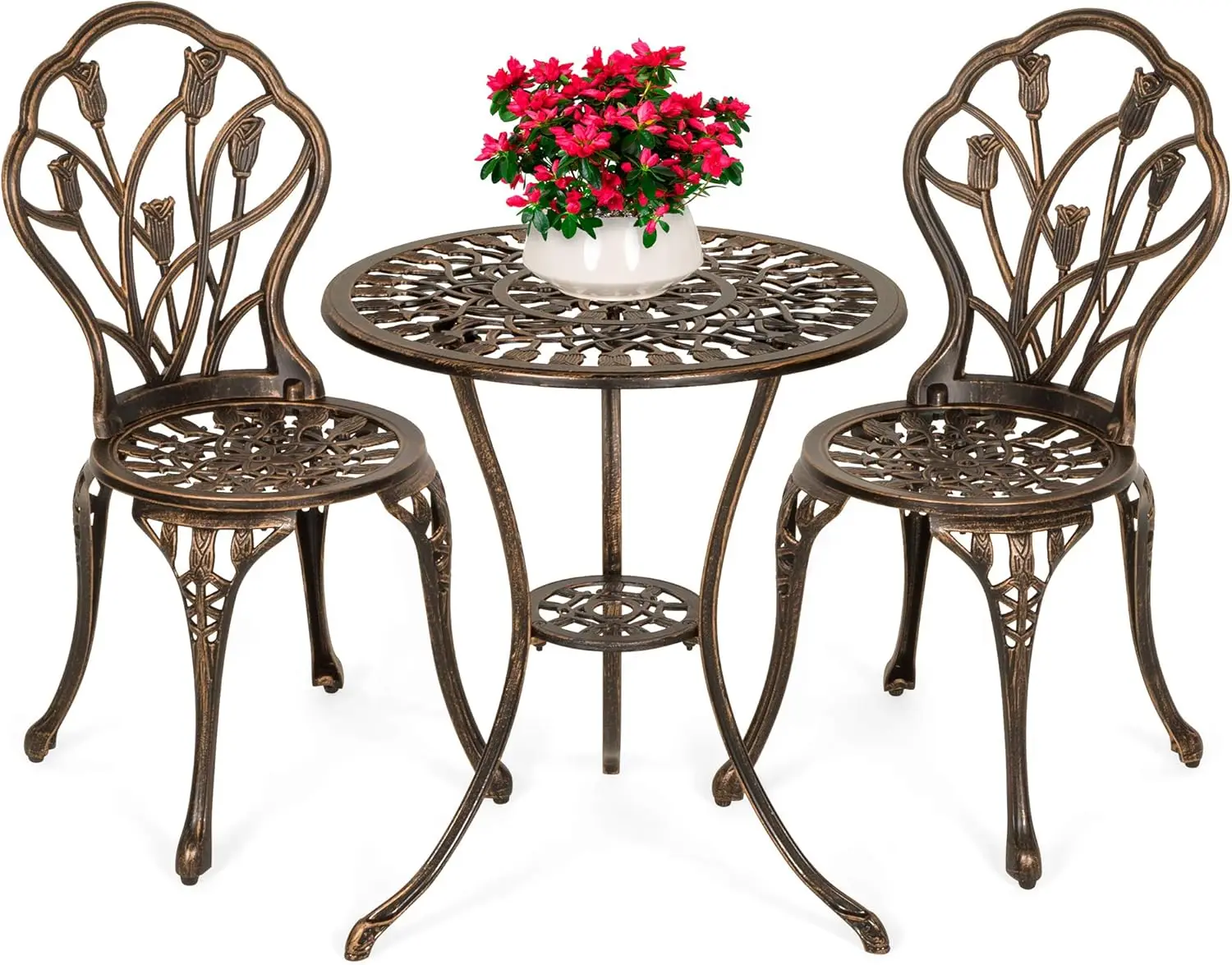 

3-Piece Outdoor Rust-Resistant Cast Aluminum Patio Bistro Set w/Tulip Design, Antique Finish - Patio Furniture USA