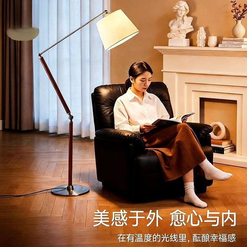 Mid Century Vintage New Solid Wood Fabric Arc Floor Lamp LED Ambient Reading Light Living Room Sofa Bedroom Home Decor Novelty