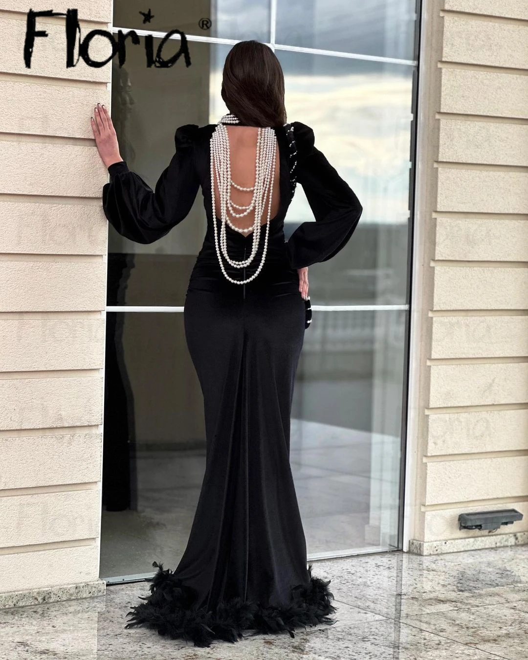 Black Satin Muslim Evening Dress White Pearls Backless Gala Prom Dresses O Neck Bridal Gowns Formal  Special Occasion Dresses