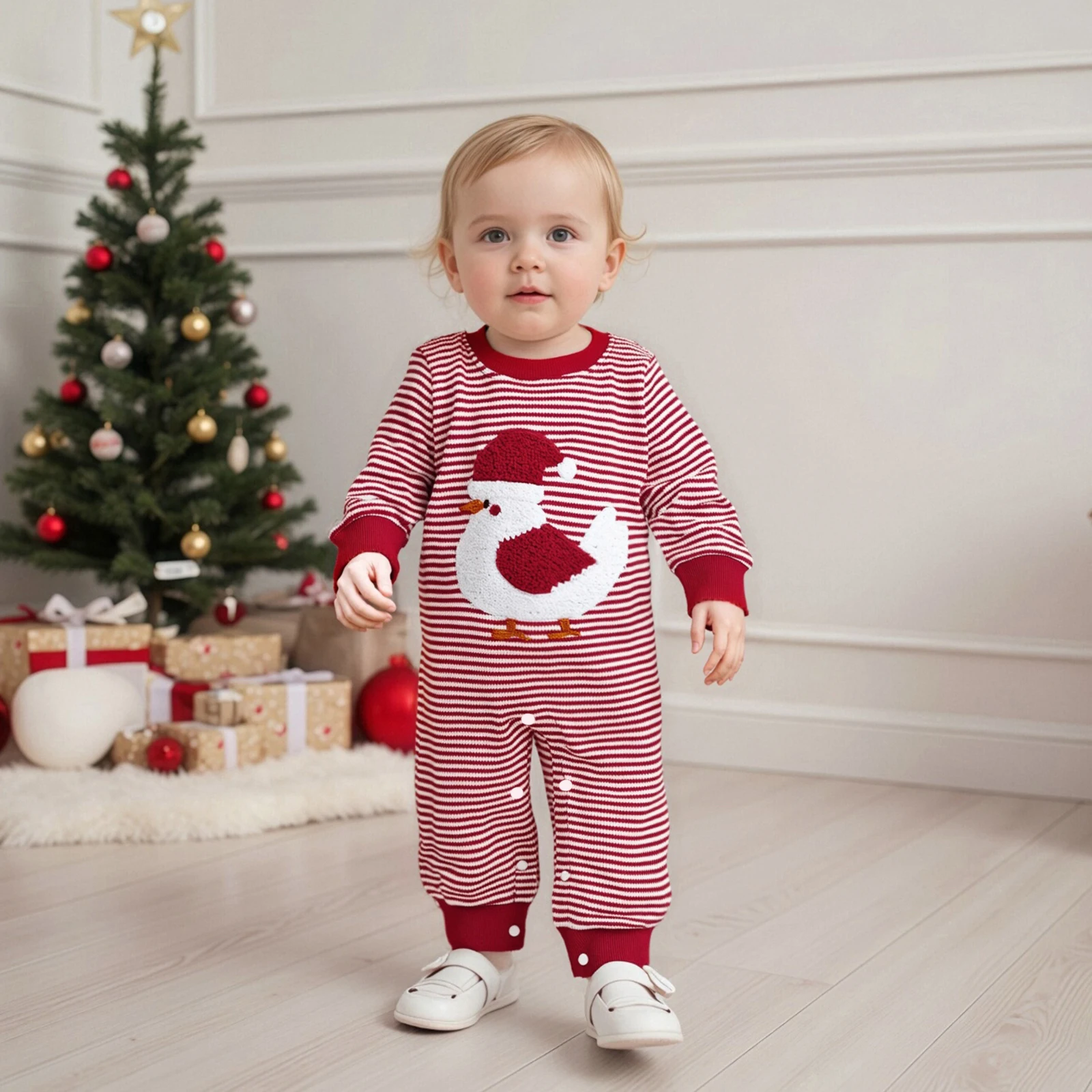 

Baby Boy Girl Christmas Striped Romper Duck Embroidered Crewneck Long Sleeve Jumpsuit Newborn Winter Fall Clothes 0-18M