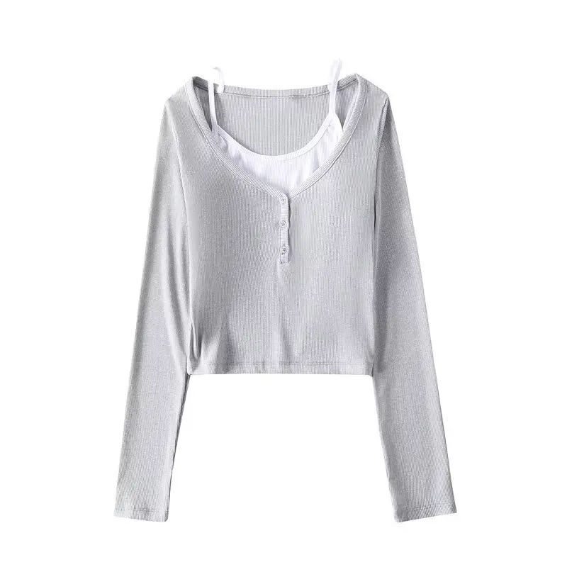 Slim Babes Fake Two Pieces for Women 2024 Autumn Casual Sexy Top for Female Slimming long-sleeved T-shirt for Ladies