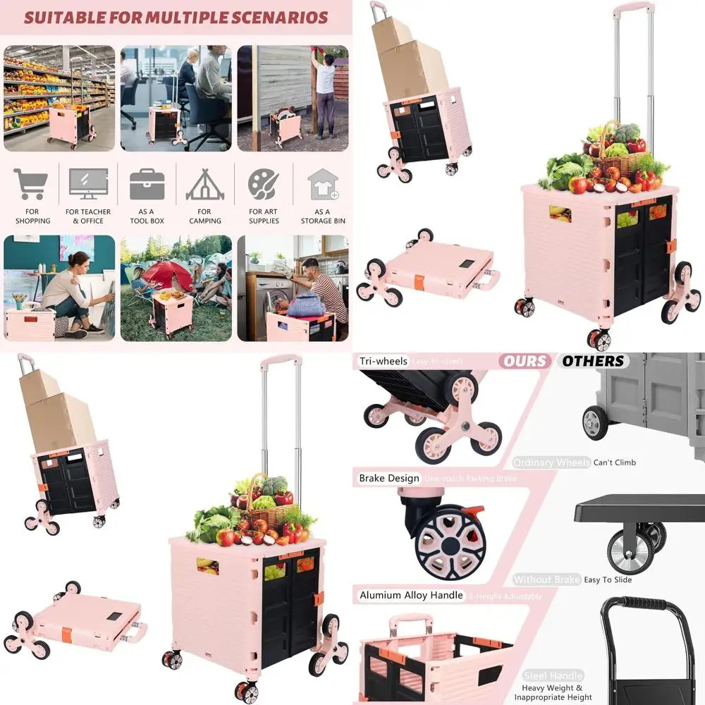 

Portable Folding Utility Cart with Stair-Climbing & Swivel Wheels for Travel, Shopping, Office, and School Use (Pink)