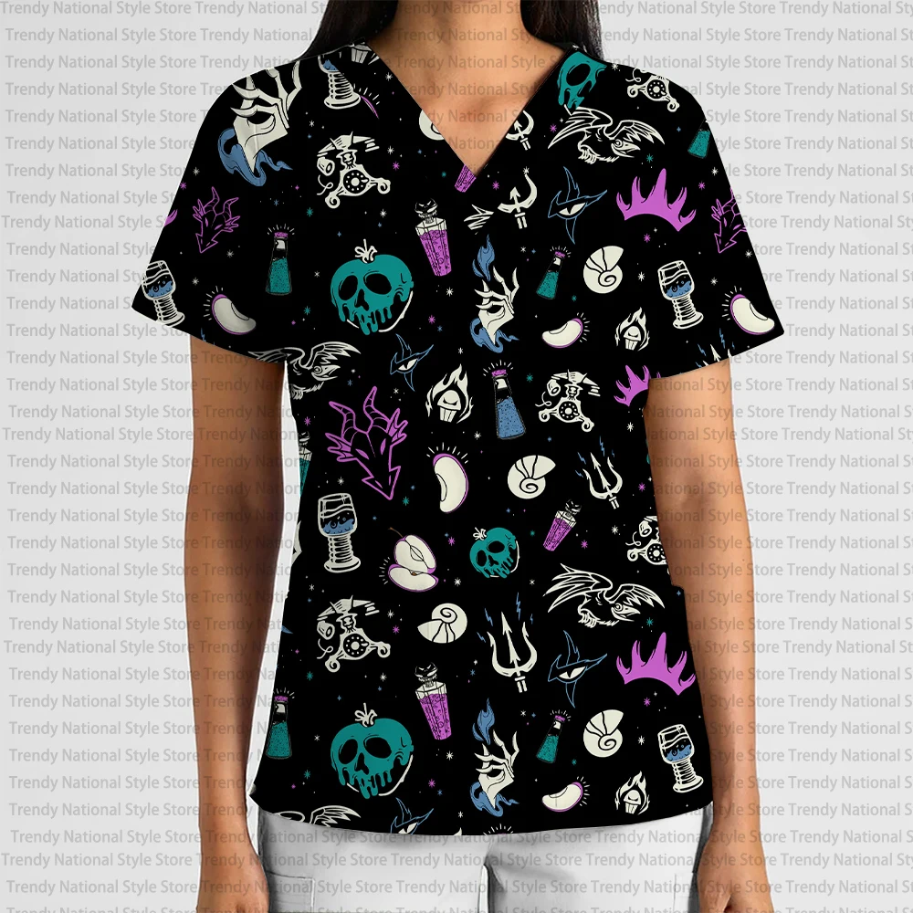 Uniforme da lavoro da donna All-match Alta qualità Halloween Sleeping Devil Stampa Scollo a V Tasca Scrub Top T-shirt per negozio di animali dentali