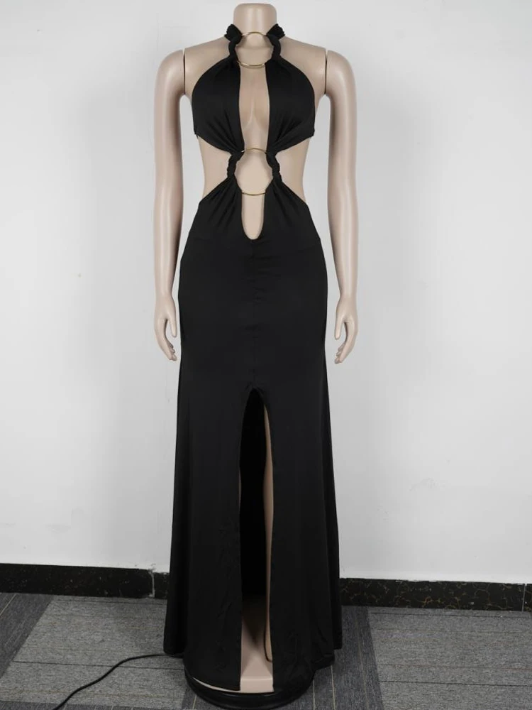 Kricesseen sexy recorte o-rings metal ruched maxi vestido roupas de férias das mulheres rendas bandagem vestidos de festa noite fora vestidos