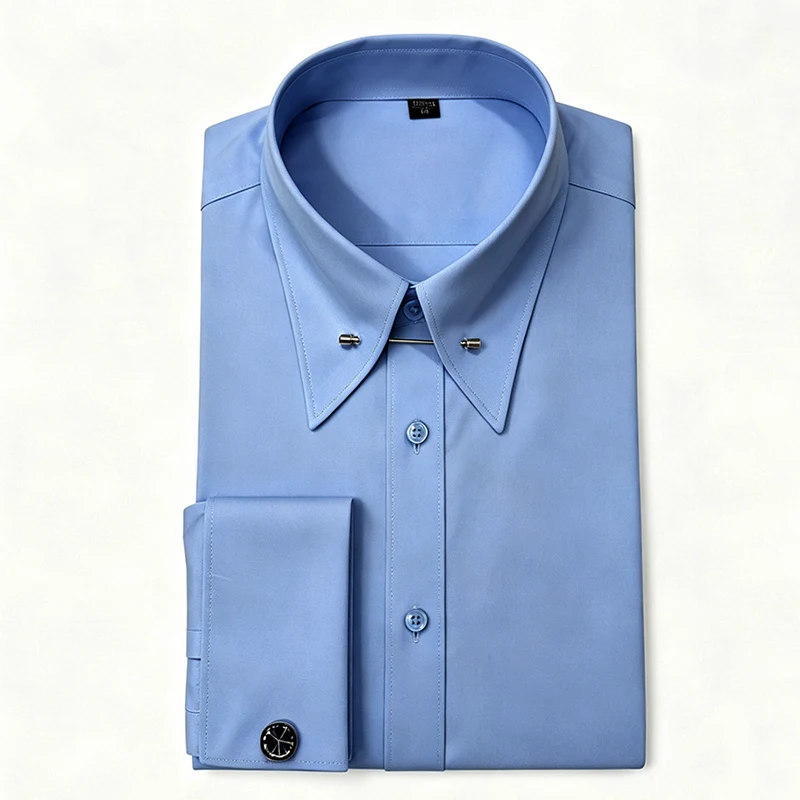 Men Formal Dress Shirt,Empire Collar Classic French Cuff,Bamboo Fiber Polyester Spandex,Random Collar Bar Pin & Cufflinks Includ