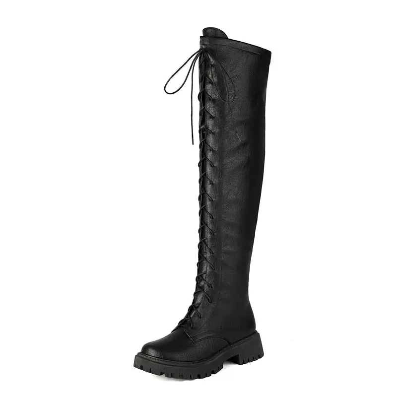 REAVE CAT 2025 Retro Thigh Boots Round Toe Chunky Heels 4.5cm Platform Zip Lace Up Extended Size 41 42 43 Daily Knee High