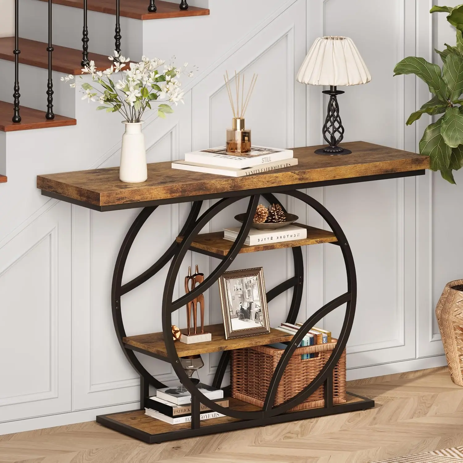 Industrial Console Table Narrow Entryway Hallway Sofa Table 4-Tier Storage Shelf Metal Frame Wood Top, Customized