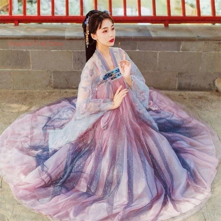 Gaun Hanfu wanita gaun Cosplay peri tradisional Cina gaun dansa Hanfu kuno bintang merah muda & biru gradien