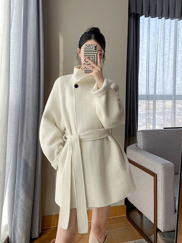 

Двустороннее шерстяное пальто женское зимнее в корейском стиле с воротником-стойкой, приталенное, бежевое, для повседневной носки, утепленное