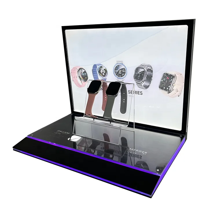 Custom High End Acrylic Modern 3mm Ultra Thin Watch Display Stand With Purple LED Lights Easy Assembly For Retail Use