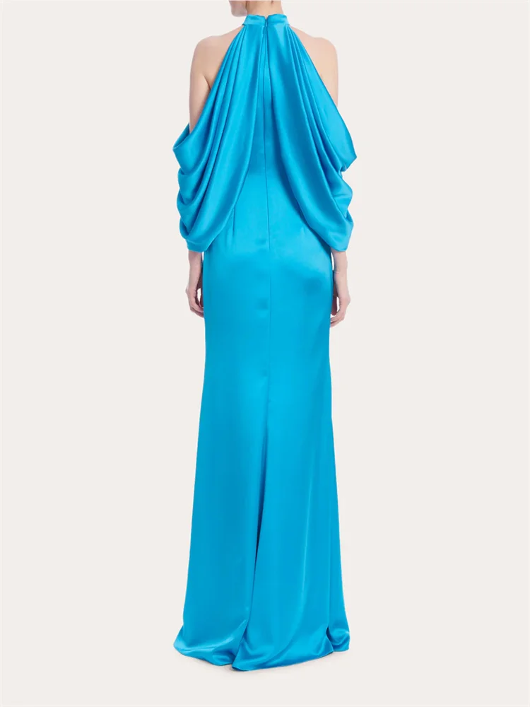 New Arrival Mock Neckline Draped Cold Shoulders Satin Straight Evening Dress Back Zipper Floor Length Vented Hem Gown For Women