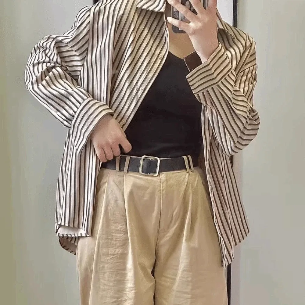 

V-neck Women Stripe Shirts Tops Long Clothing Sleeves Apricot Coffee Korean Style Blouse Simple Streetwear Stripe Buttons Shirts