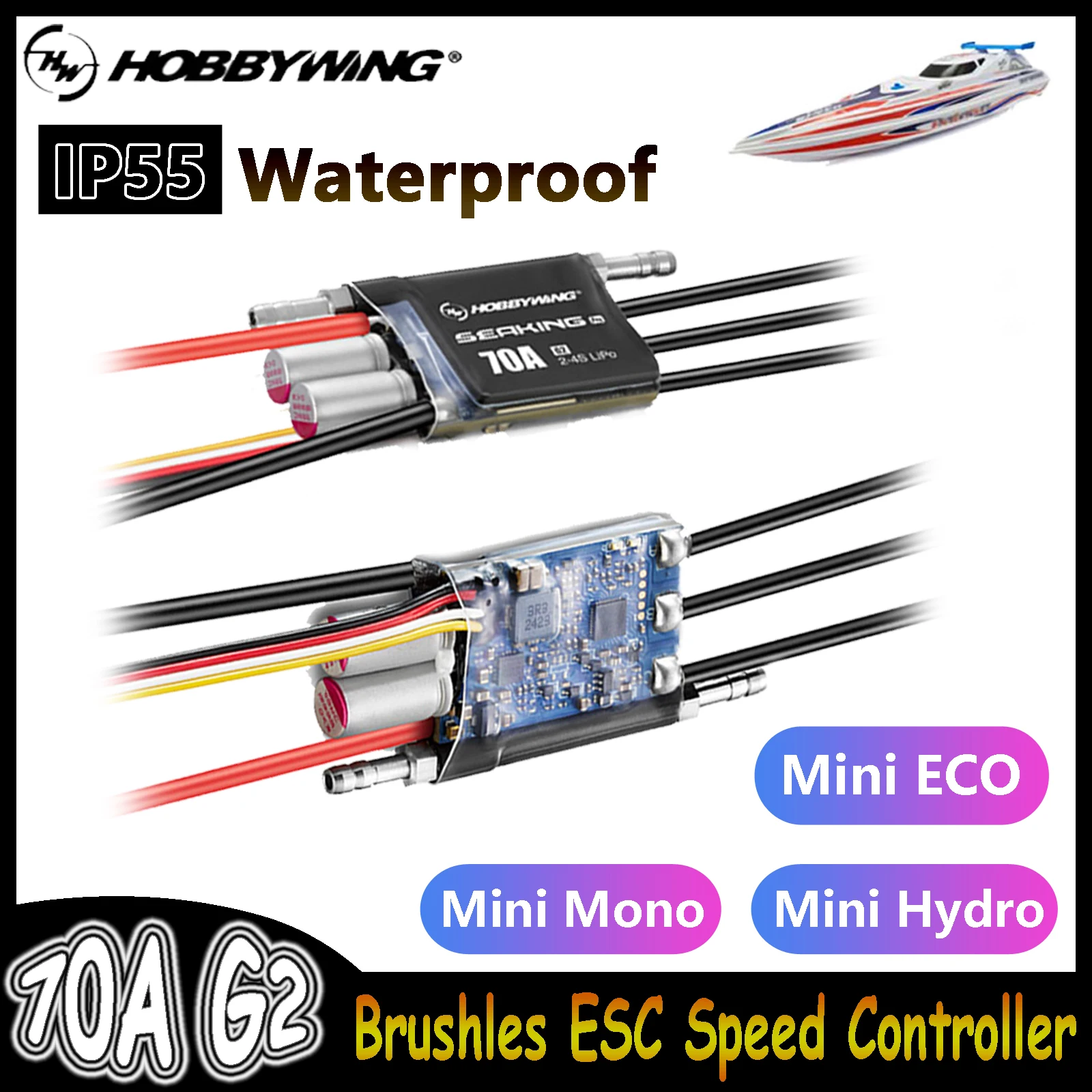 

HOBBYWING Seaking PRO Бессенсорные щетки 70A G2 ESC 2-4S IP55 Водонепроницаемые для RC Mini Mono Mini ECO Mini Hydro Competition Boats