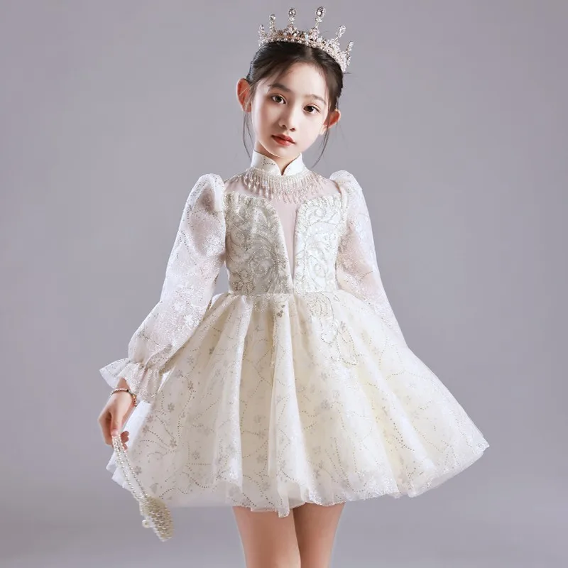 

2024 Kids Formal Dresses for Girls infant Sequined Beading Princess White Dress for Parties Children's Day Performance Costumes