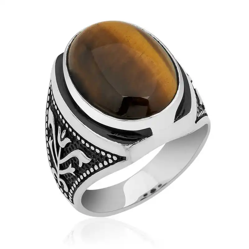 Silver Tulip Embroidered Tiger Eye Ring 925 Sterling Men's Jewelry Wedding Birthday Gift - Box - Chalcedony Stone - Men - Fashion - Botiva - Size - Turkish - Patterned Embroidery