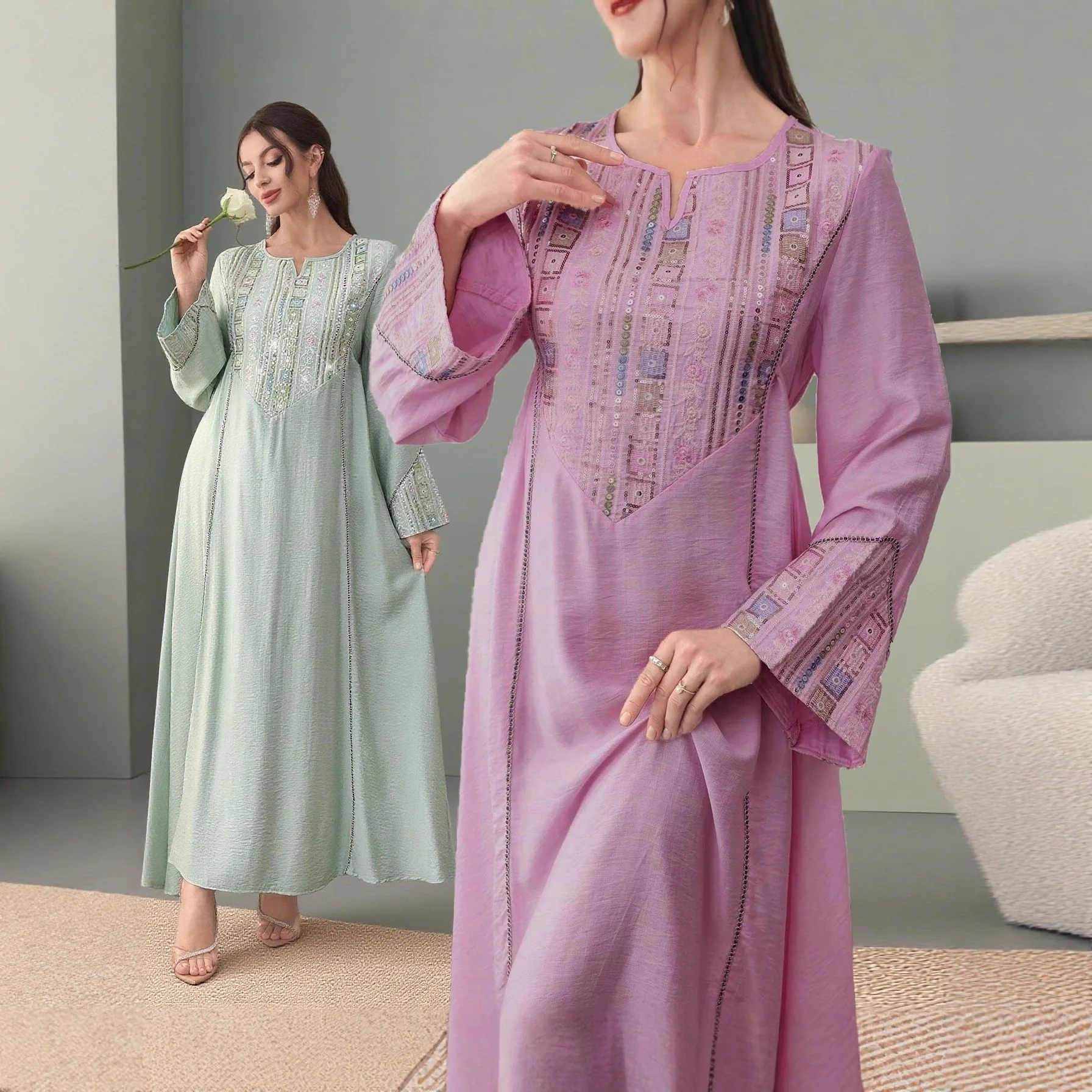 

Ид Абая Длинные платья Женский вечерний халат Дубай Вышивка Блестки Мусульманский кафтан Рамадан Марокко Джалабия Абая Ислам Vestidos