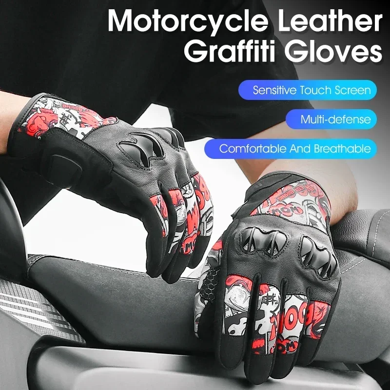 WEST BIKING Graffiti Motorcycle Gloves Anti Shock MTB Leather Gloves Full Finger Touch Screen Enduro Glove With Joint Protection