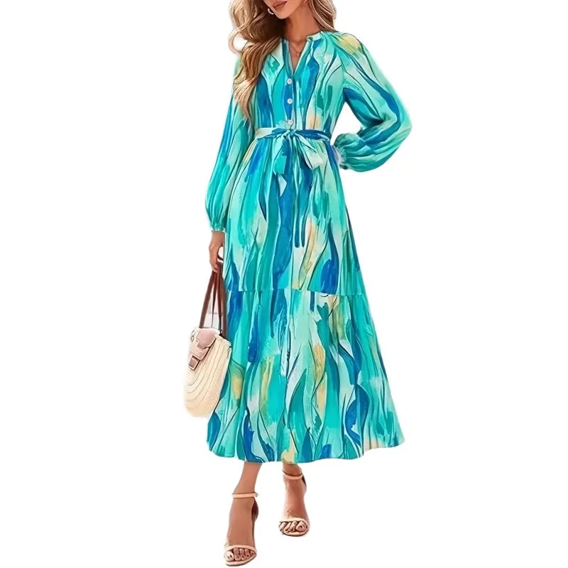 เดรสคอวีแขนยาวลายดอกไม้สไตล์โบฮีเมียนสำหรับงานปาร์ตี้ ชุดเดรสฤดูใบไม้ร่วงสำหรับผู้หญิง ชุดชายหาด ชุดเดรสวินเทจสุดหรู