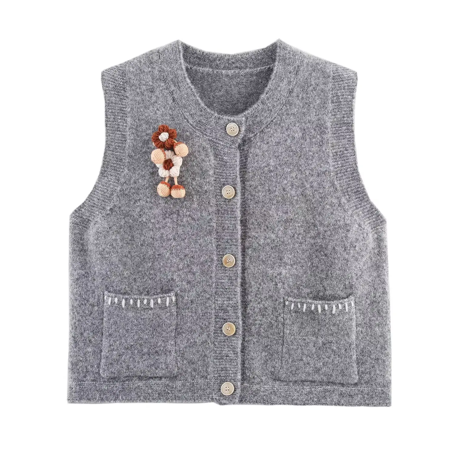 

2025 WOMAN Fashion European and American Style Autumn New Flower Ornament Crewneck Knitted All-match Vest Button Vest Mujer