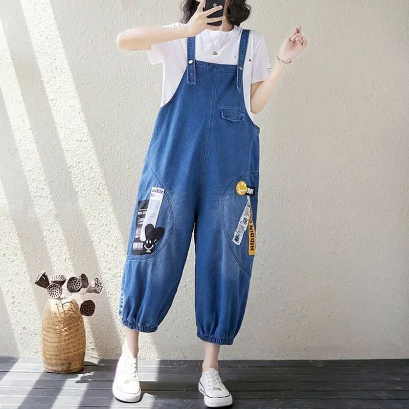 DENIM Jumpsuits ผู้หญิง Patchwork Streetwear Harem กางเกง VINTAGE One Piece ชุดเสื้อผ้าผู้หญิง High Street หลวมสบายๆ Romper