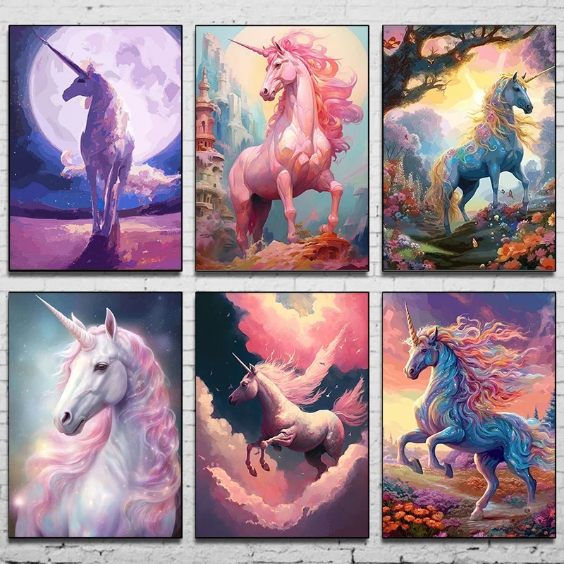 Cuadro sin marco, impresión de un unicornio arcoíris, pintura sobre lienzo, póster, imagen de una criatura mágica para decorar paredes, ideal para salones, dormitorios y salas de juegos.