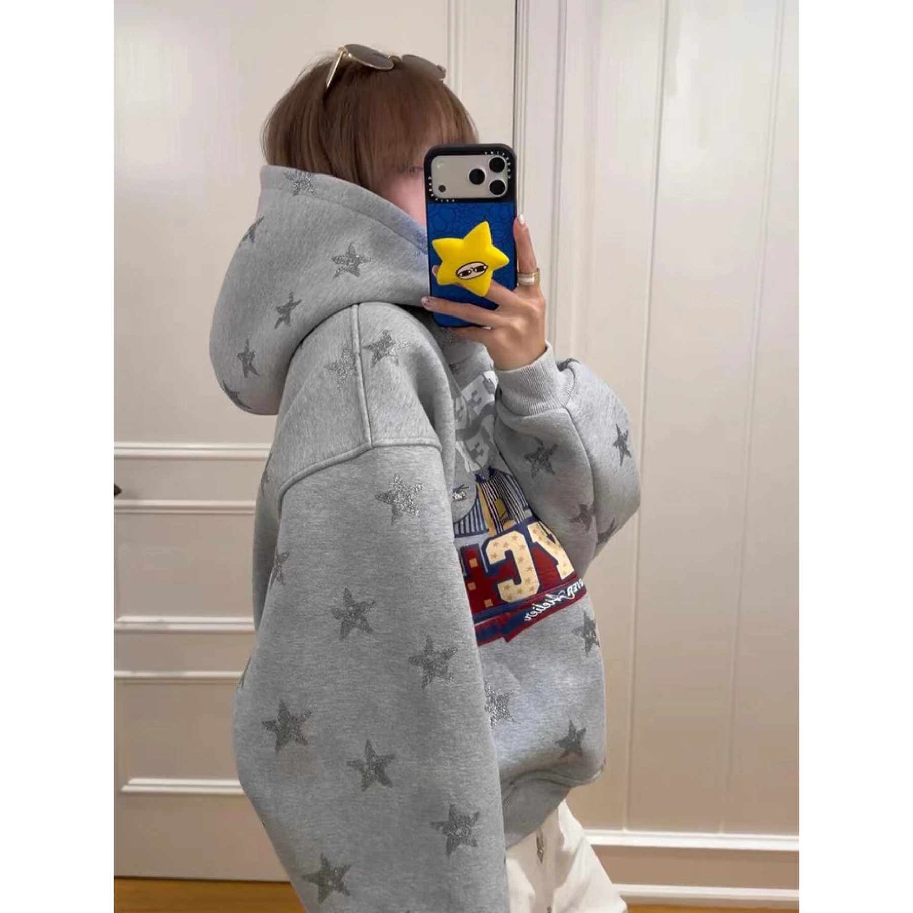 2026 New Retro Letter Star Print Hoodie Women Fleece Lined Autumn Winter Lazy Loose Couple Casual Daily Outerwear Sweatshirt