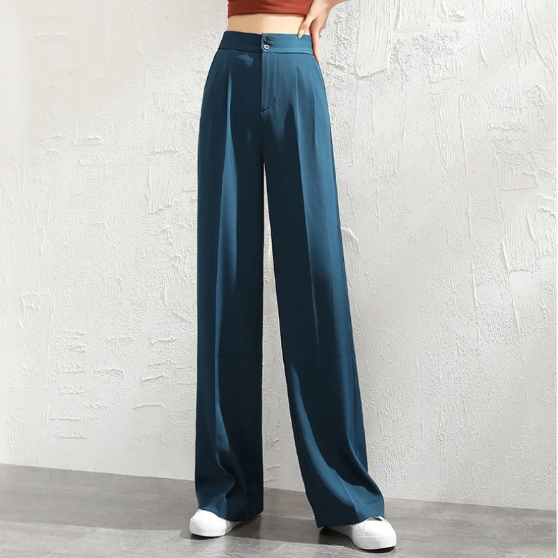 Pantaloni a gamba larga a vita alta da donna Drappeggi per pendolari Ufficio Versatile Casual Slim Pantaloni a figura intera Pantaloni lunghi sottili primavera estate